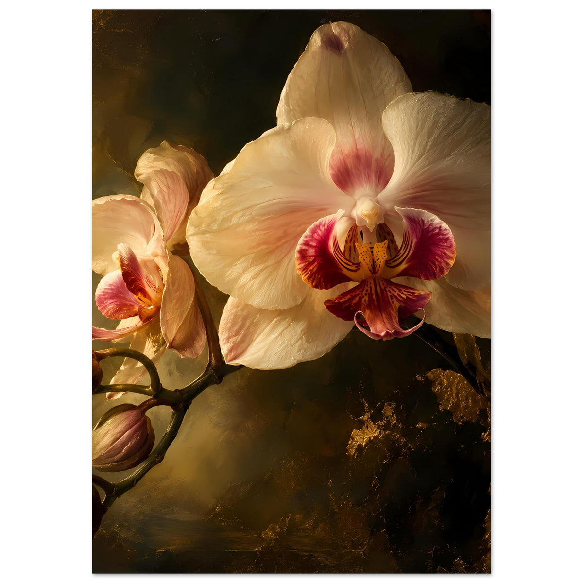 Orchideenposter mit großer cremefarbener Blüte und rosafarbenen Akzenten, mehrere Knospen