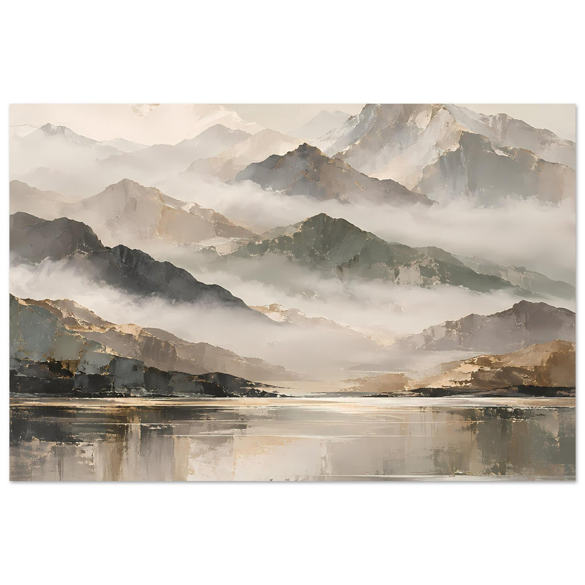 Horizontales Naturposter mit Bergpanorama, Nebel und See-Spiegelung in Beige und Gold