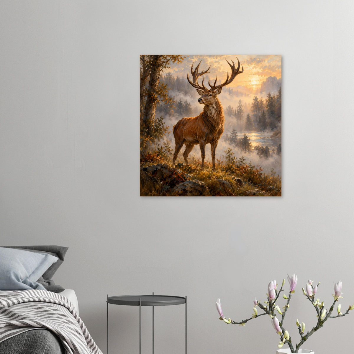 Majestic Stag Wandposter im Querformat: Hirsch im Sonnenuntergangsstil, Landschaft