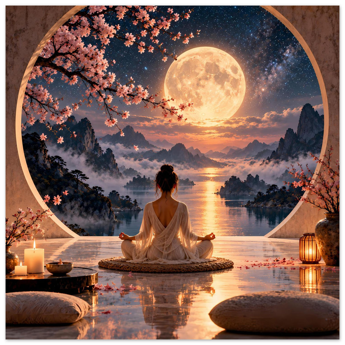 Meditationsposter mit Vollmond, Kirschblüten und meditierender Person; Kerzen und Laterne sichtbar