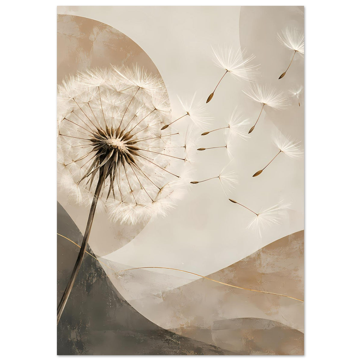 Poster im Hochformat mit Pusteblume, weißen Samen und beigen sowie grauen Flächen