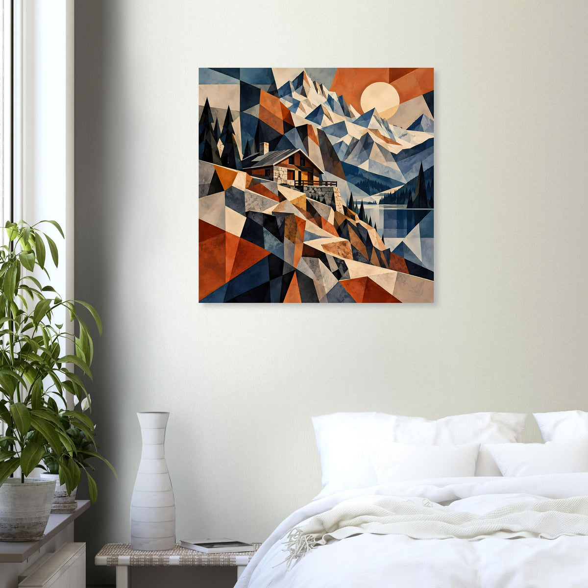 Quadratisches Poster mit geometrischen Bergformen, Hausdetails und Farbflächen in Blau und Rost