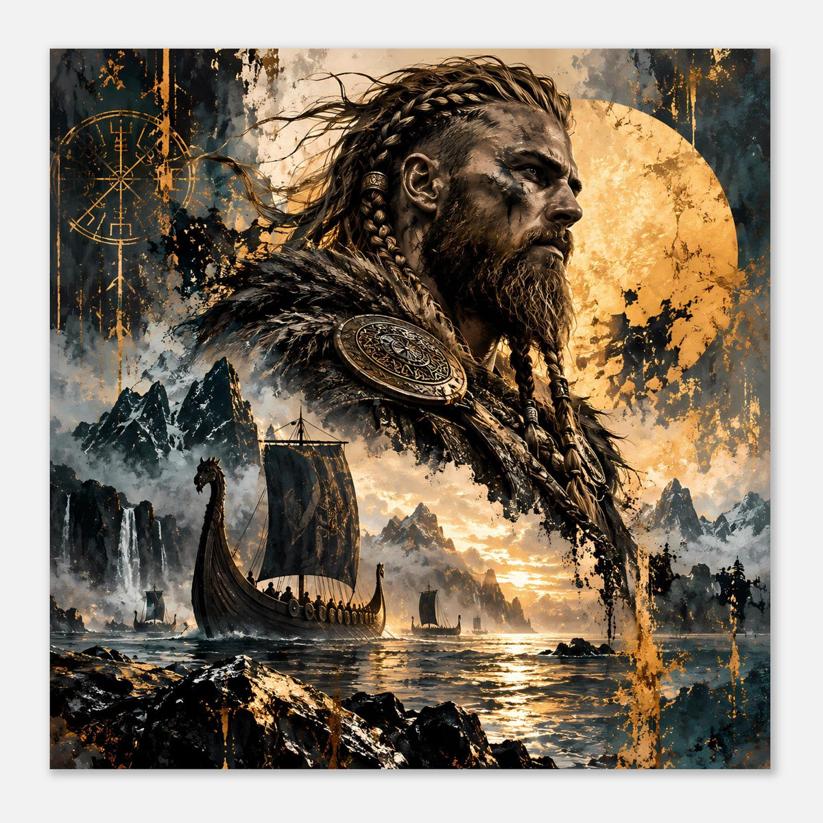 Poster: Viking-Krieger im Profil, Schildscheibe sichtbar, Langboot bei aufgehender Sonne