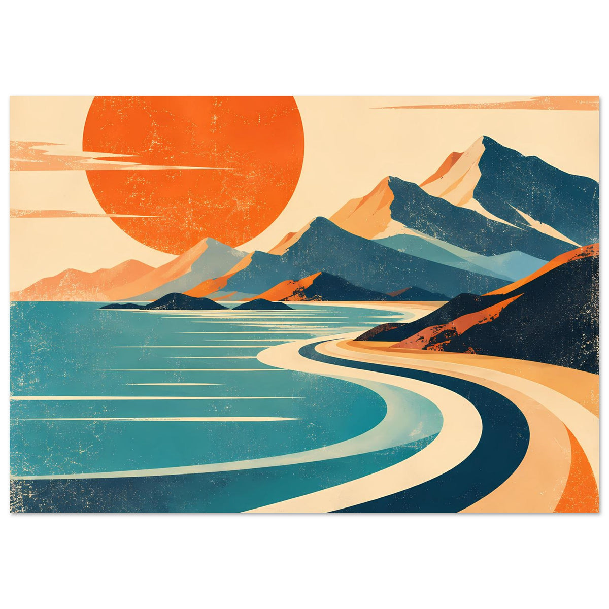 Vintage-Poster: roter Sonnenkreis, dunkle Berge und türkisblaue Wellen mit hellem Rand