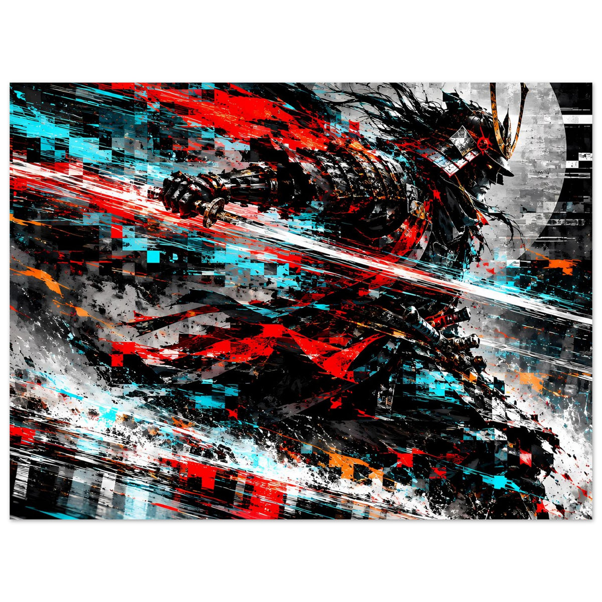Querformatiges Actionposter mit Samurai, diagonale Rot-/Cyan-Streifen und Sprühtexturen