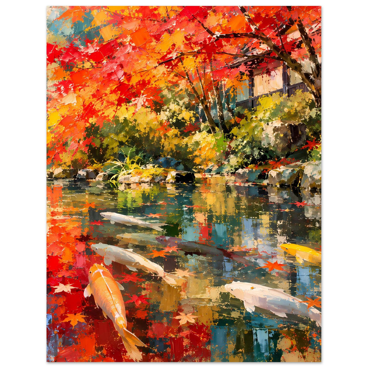 Poster mit Koi-Teich-Motiv: bunte Laubfarben, spiegelndes Wasser und Koi-Fische im Vordergrund