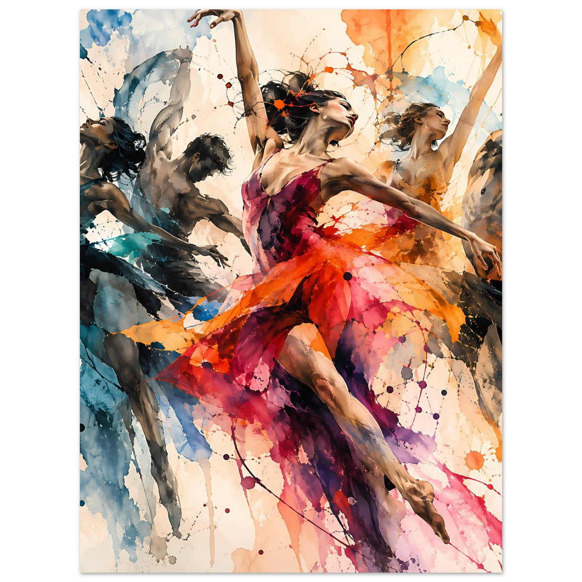 Tanzkunst-Poster mit Ballerina in Farbklecks-Aquarell, rote, orange und blaue Akzenttöne