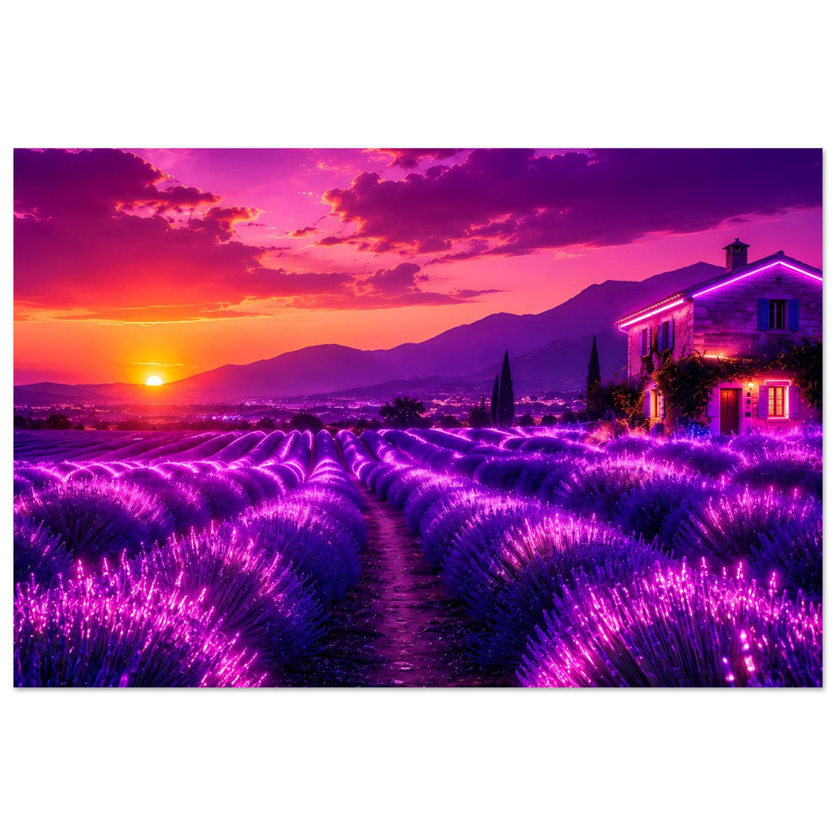Horizontales Poster mit lila Lavendelflächen, dunklem Weg und violett beleuchtetem Haus