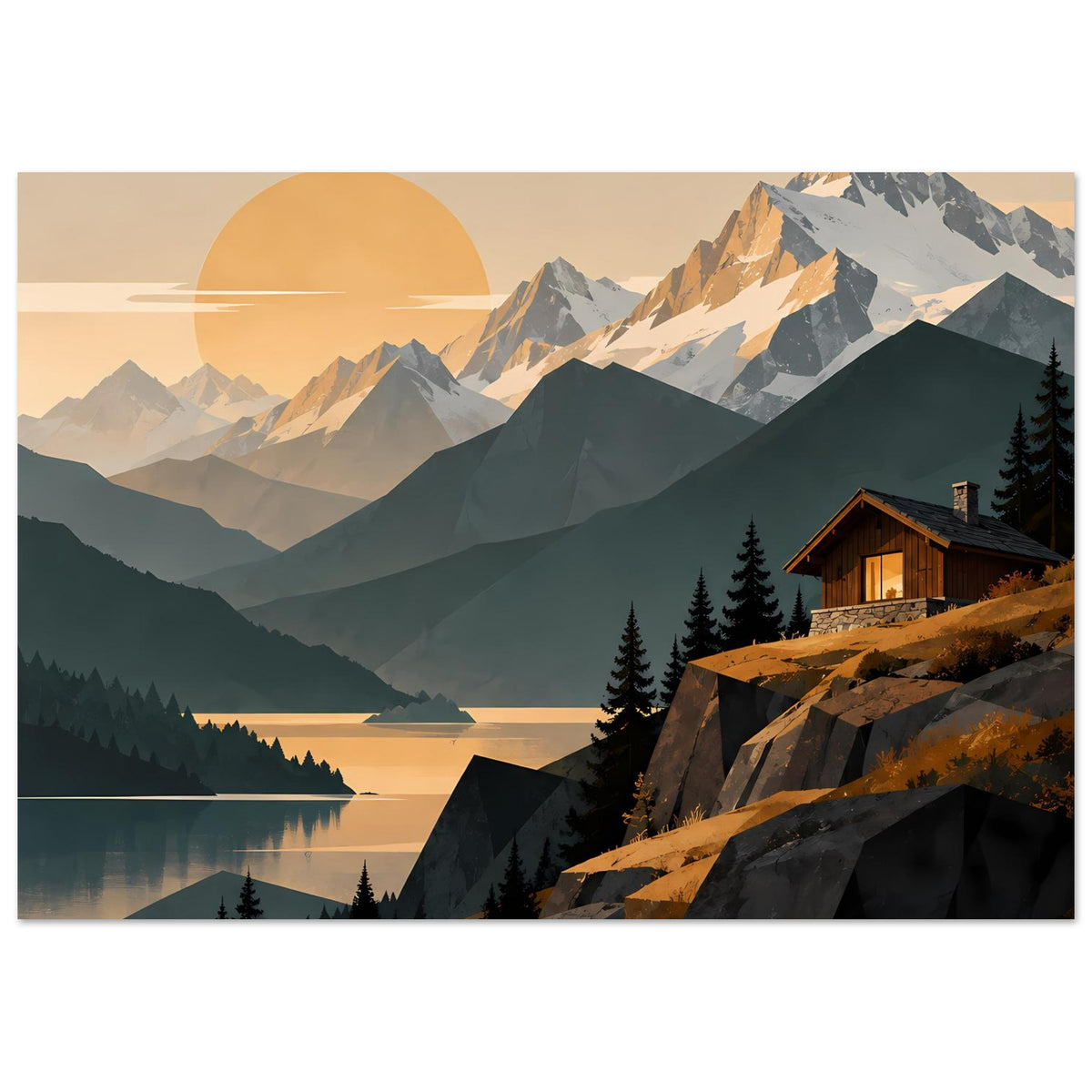 Poster im Querformat: Holzhaus am Hang, Berge und See unter orangefarbener Sonne