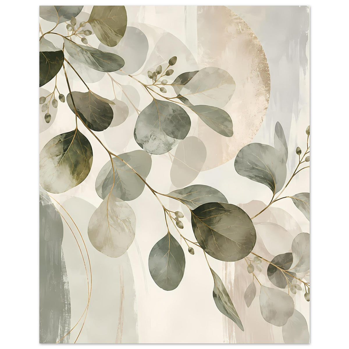 Botanisches Kunstposter mit großflächigen Blättern und Zweigen in Grün-Beige, warm