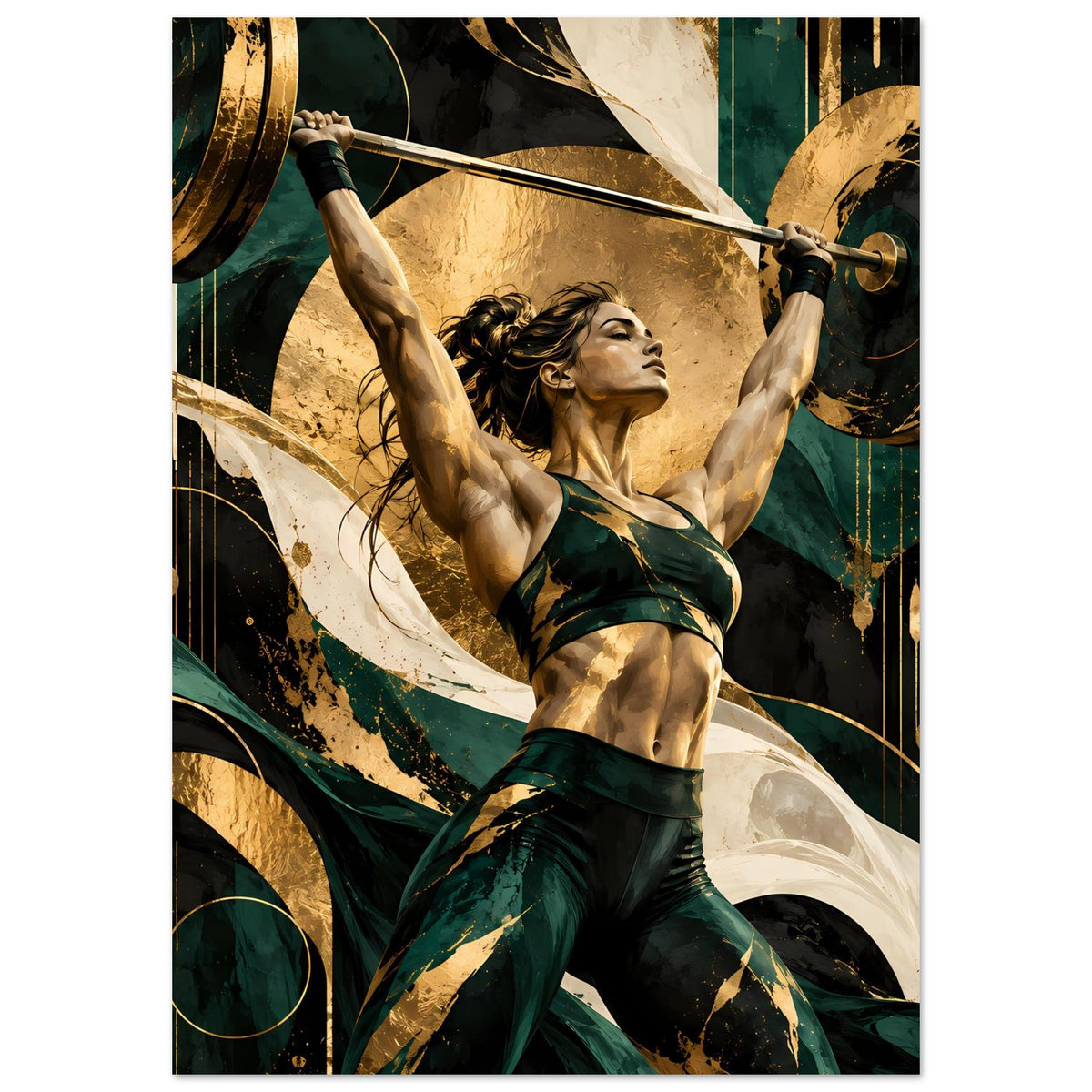 Hochformat-Poster: Frau hebt eine Hantelstange über dem Kopf, goldene Highlights und dunkles Grün.
