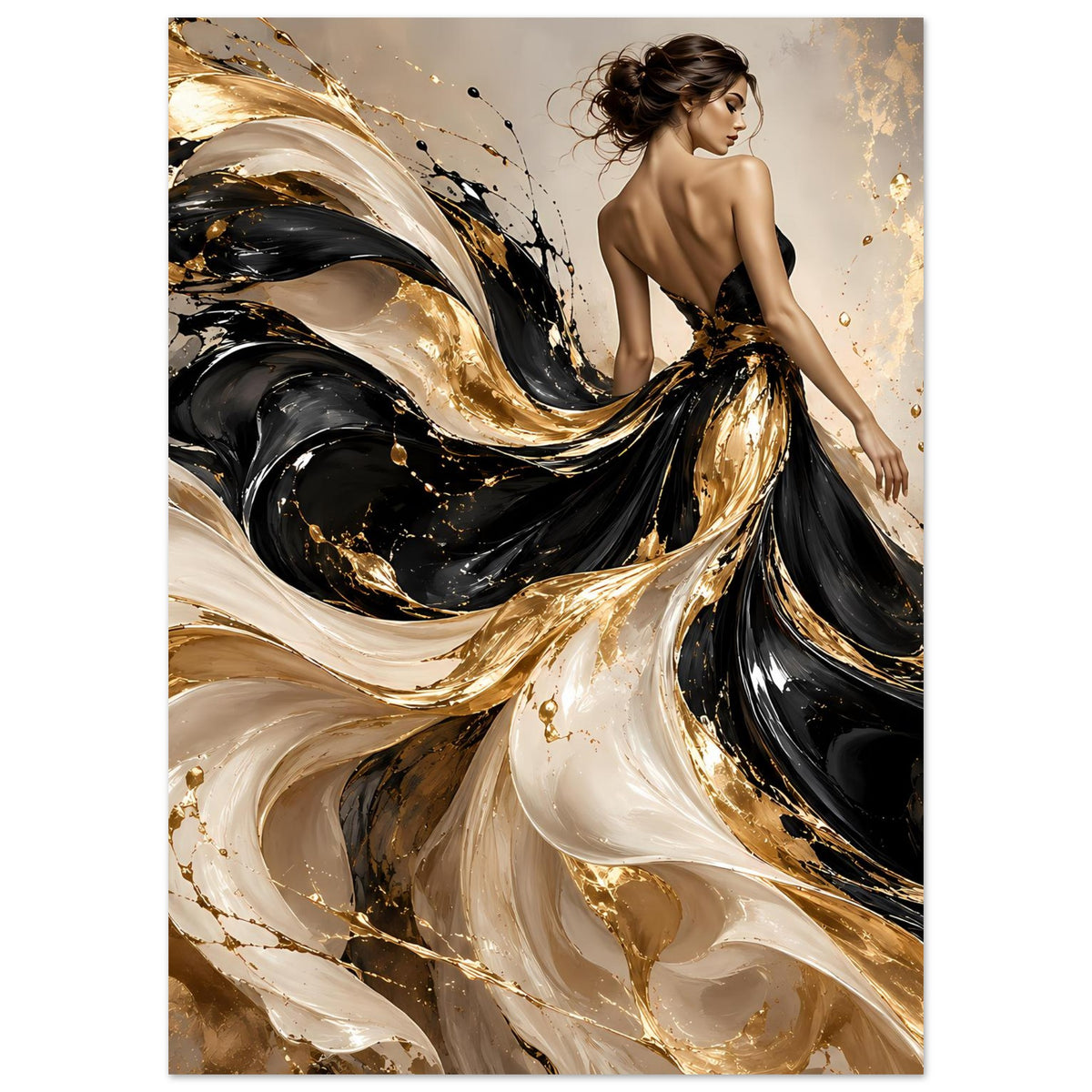 Wandbild mit Wirbeloptik in Schwarz, Gold und Elfenbein sowie angedeuteter Frauenfigur