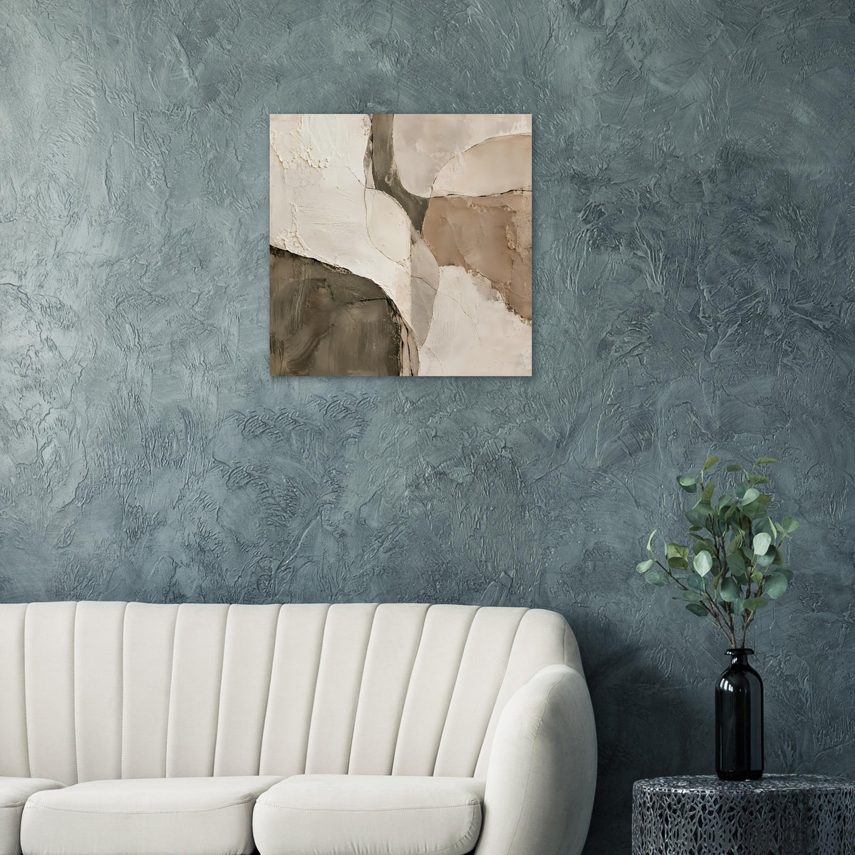 Quadratisches Kunstposter mit abstrakten Beige-, Braun- und Grauflächen.