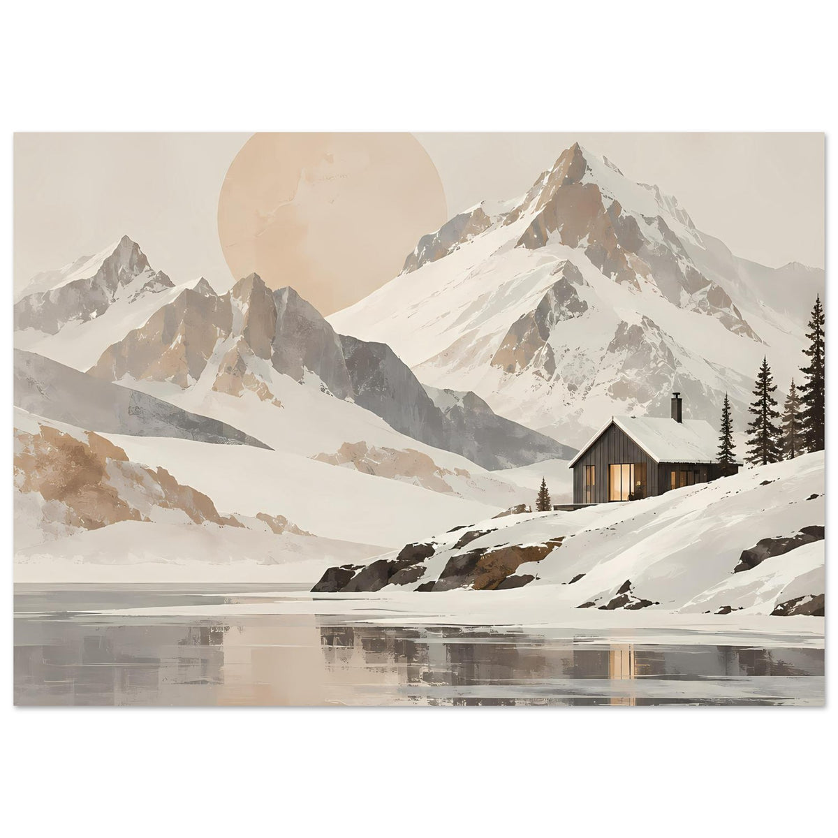 Poster mit Berglandschaft im Schnee, beiger Himmel, Hütte am Hang und klare See-Reflexion