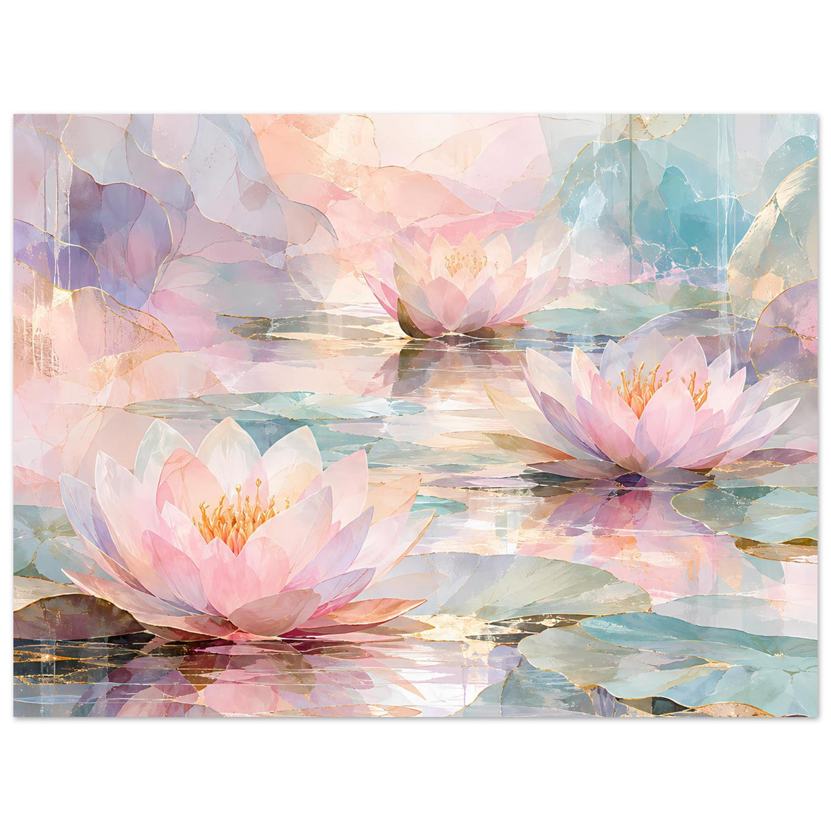 Horizontales Florales Poster mit Seerosen und spiegelndem Wasser in Pastelltönen.