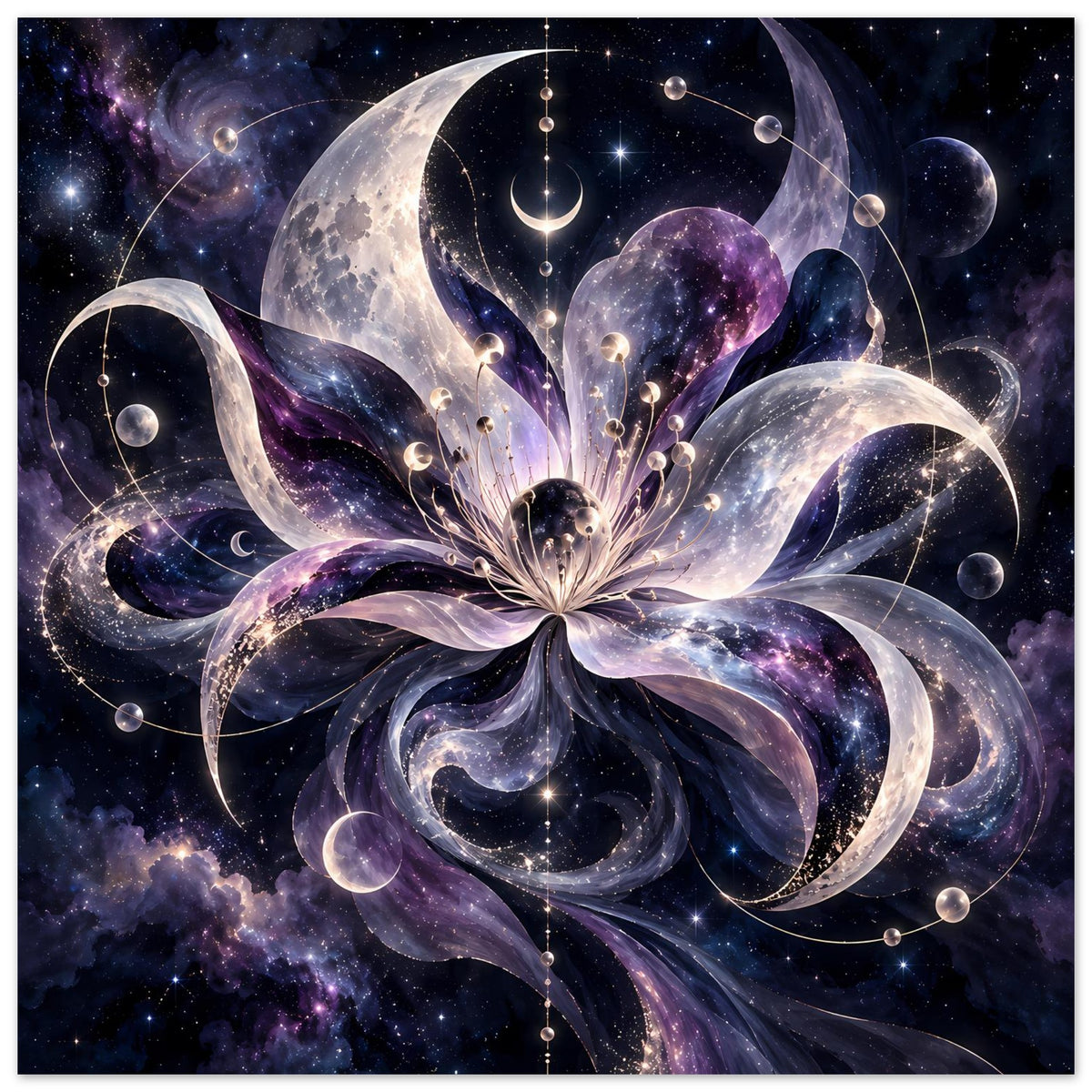 Kosmische Blüte mit Monden, Planeten und Sternen in violett-blauem Weltraum – Motivansicht 15