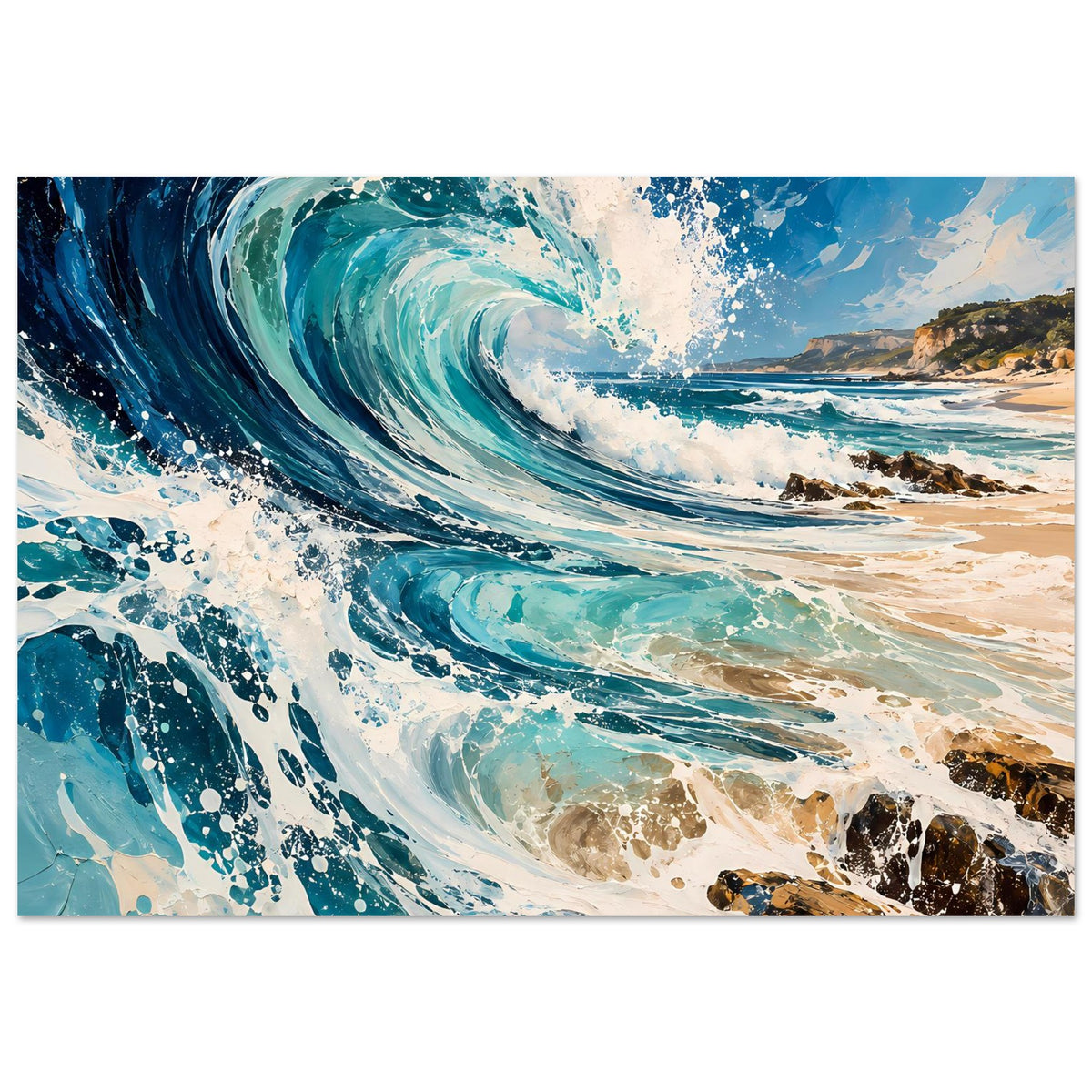 Meerwellen-Poster: diagonal verlaufende blaue Welle mit weißer Gischt und Küstenlinie