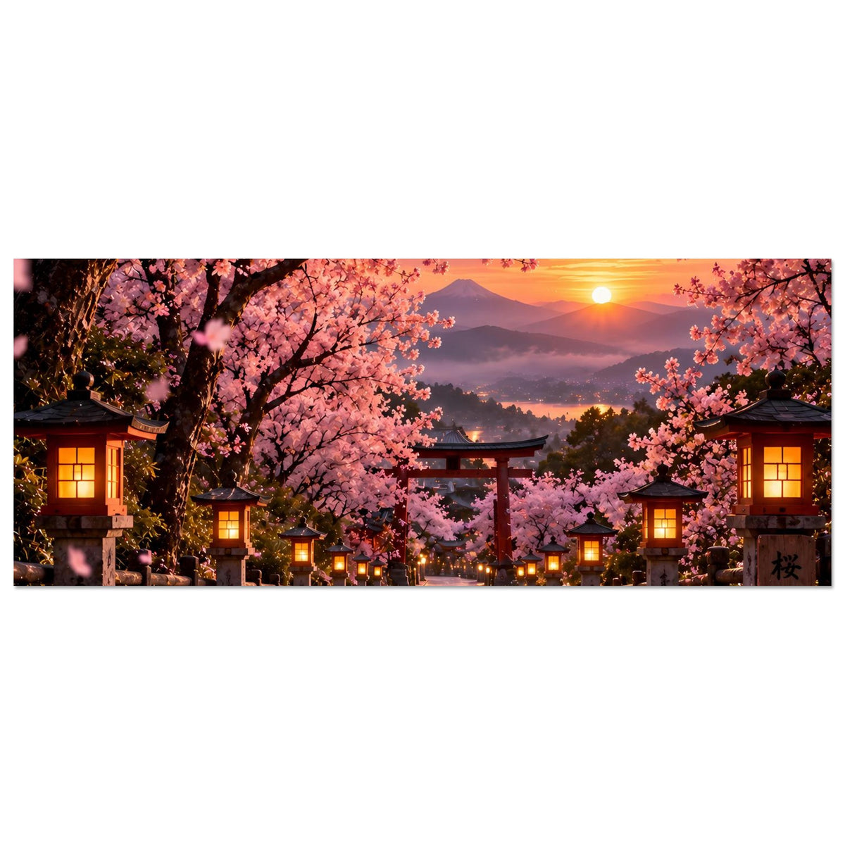 Horizontales Sakura-Poster: Torii-Tor über Kirschblütenallee mit Laternen bei Sonnenuntergang