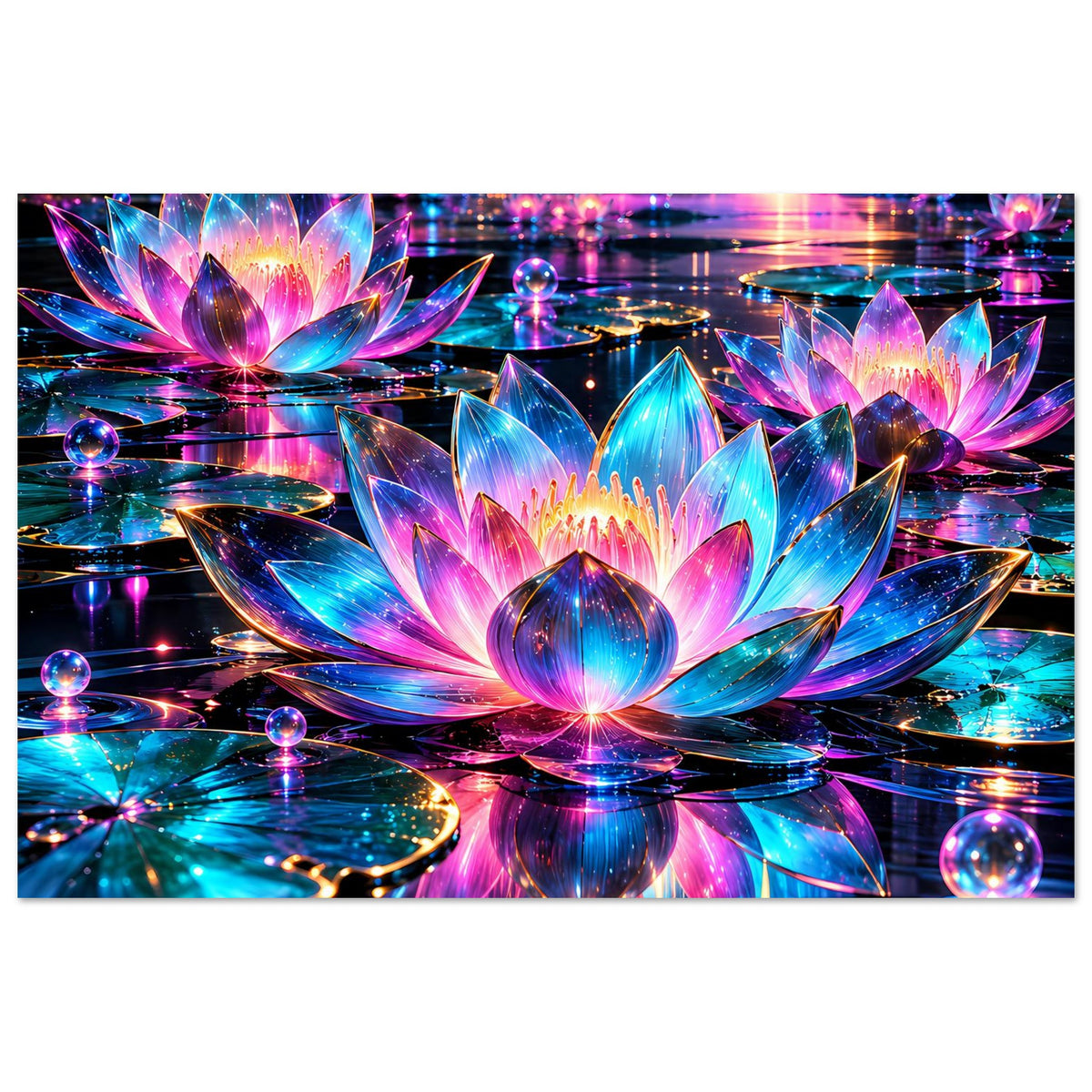 Neon-Lotus-Poster im Querformat mit zentraler Lotusblüte und farbigem Lichtrhythmus.