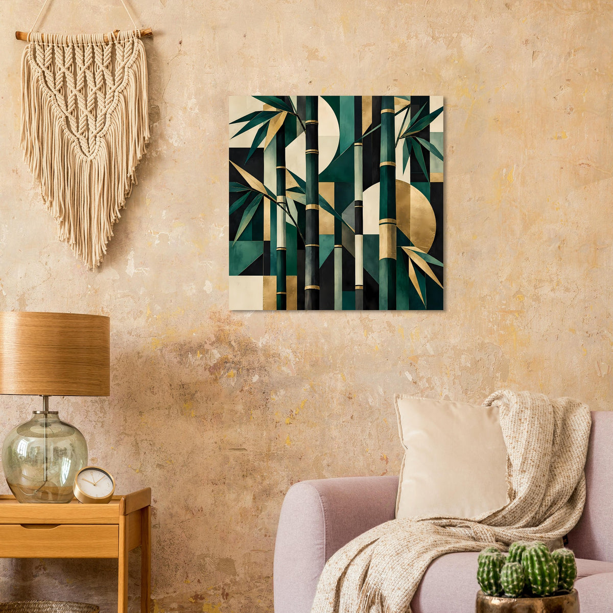 Quadratisches Naturposter: abstrakte Bambuslinien in Smaragdgrün und goldenen Akzenten