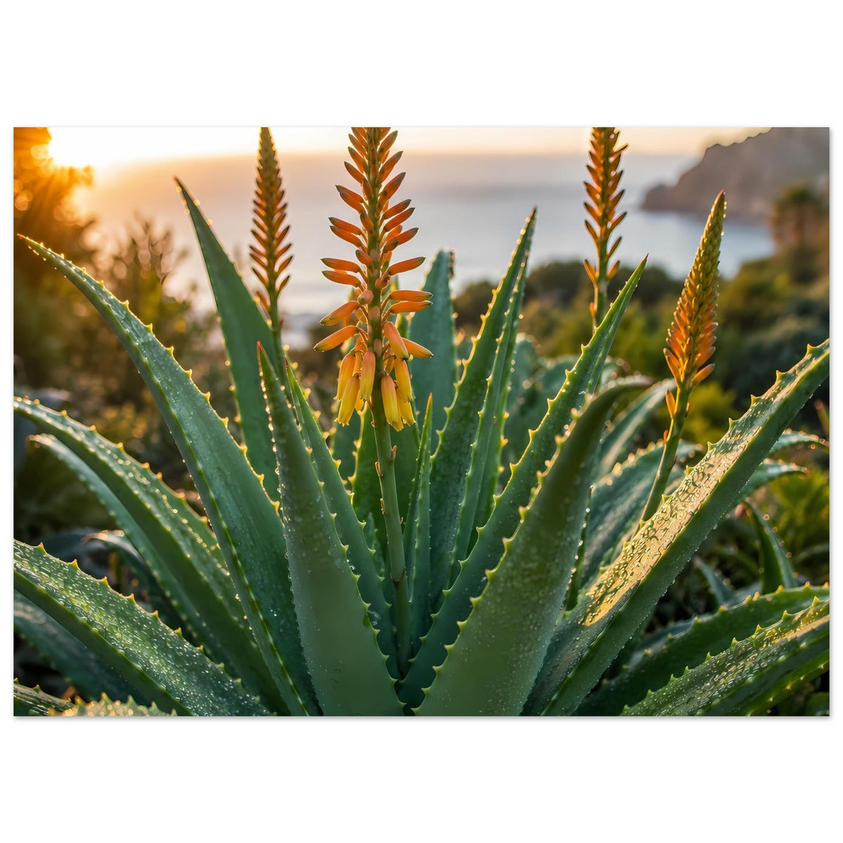 Querformatiges Aloe-Poster mit grüner Rosette und orangegelben Blütenstängeln, warmes Abendlicht