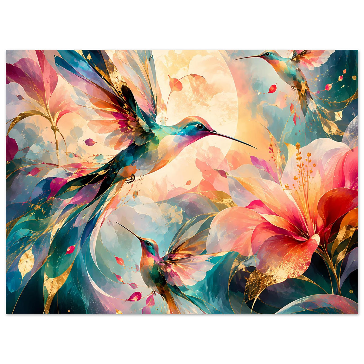 Kunstposter mit Kolibris, leuchtenden Blumen und mehrfarbigen, abstrakten Ornamenten
