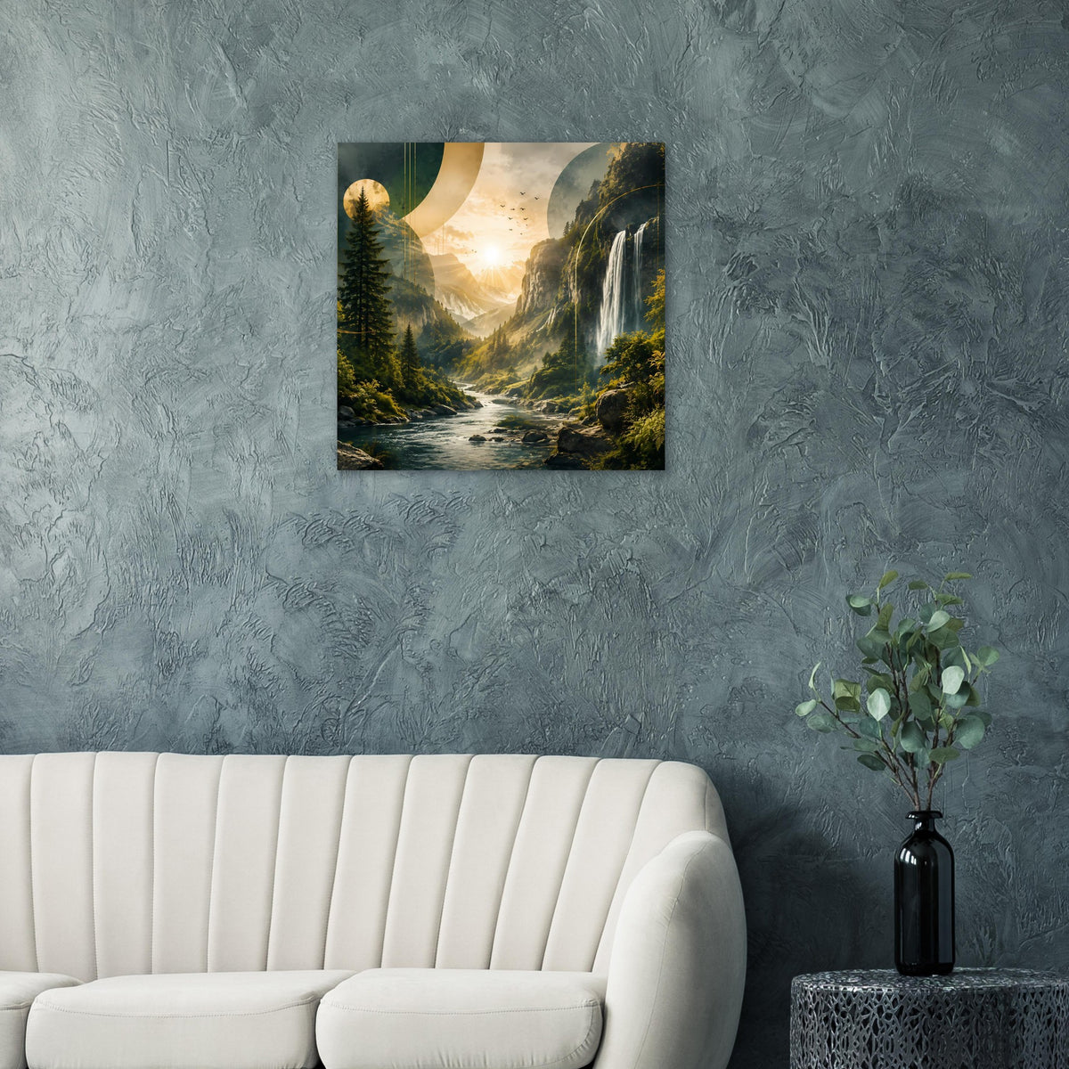 Landschafts-Poster mit Wasserfall, grünen Wäldern und Sonnenstrahlen im schwarzen Rahmen