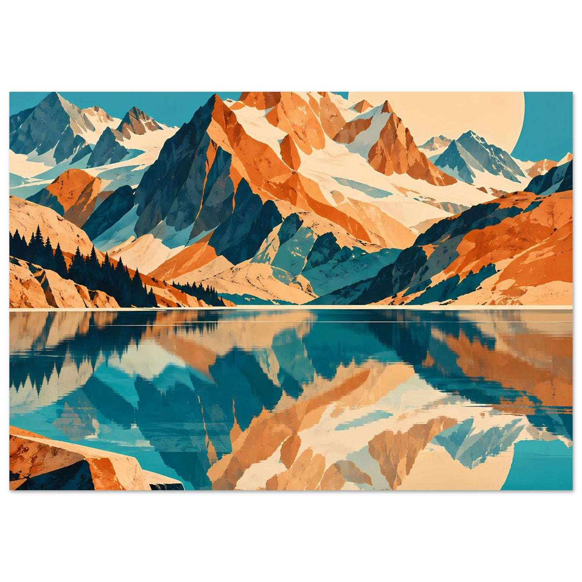 Naturposter mit Bergpanorama, See-Spiegelung und Sonne, Farben Blau und Orange