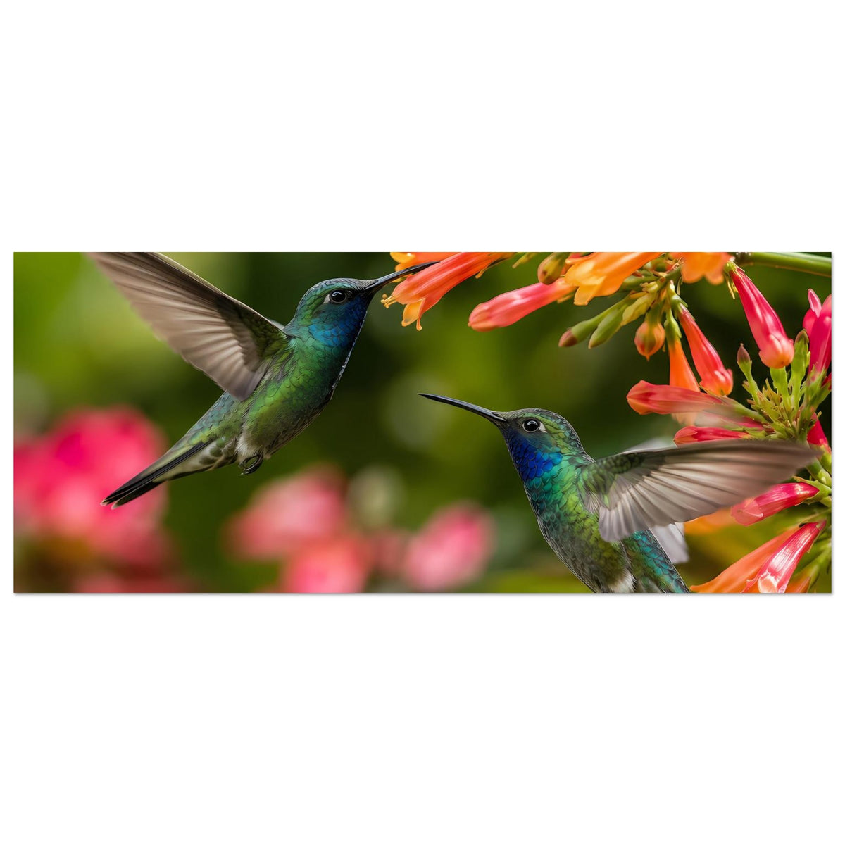 Hummimgvogel-Blütenposter im Querformat: zwei Kolibris und orange Blütenzweige