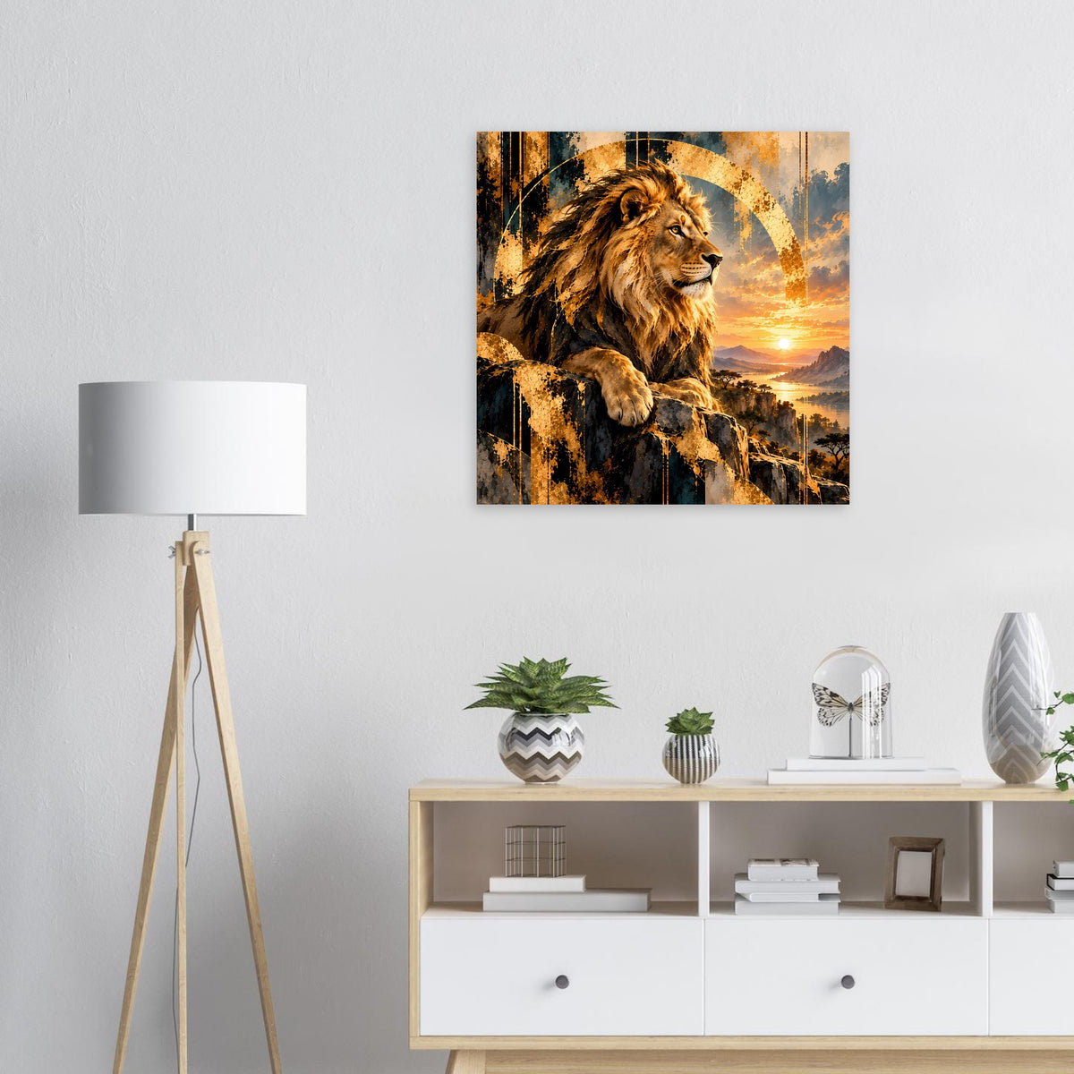Wandposter mit Löwenkopf und goldenem Sonnenuntergang, kreisförmigem Lichtring