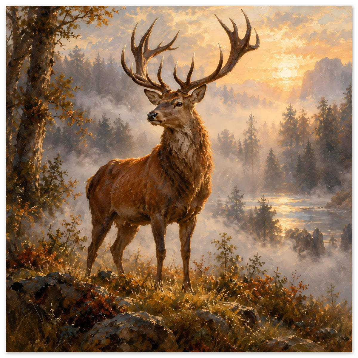 Hirschposter mit braunem Geweihhirsch, Herbstblätter im Vorder- und Nebelwald im Hintergrund