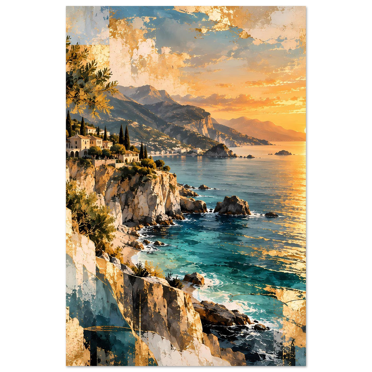 Vertikales Poster mit Küstenblick bei Sonnenuntergang, Felsklippen, Meer und Häuser