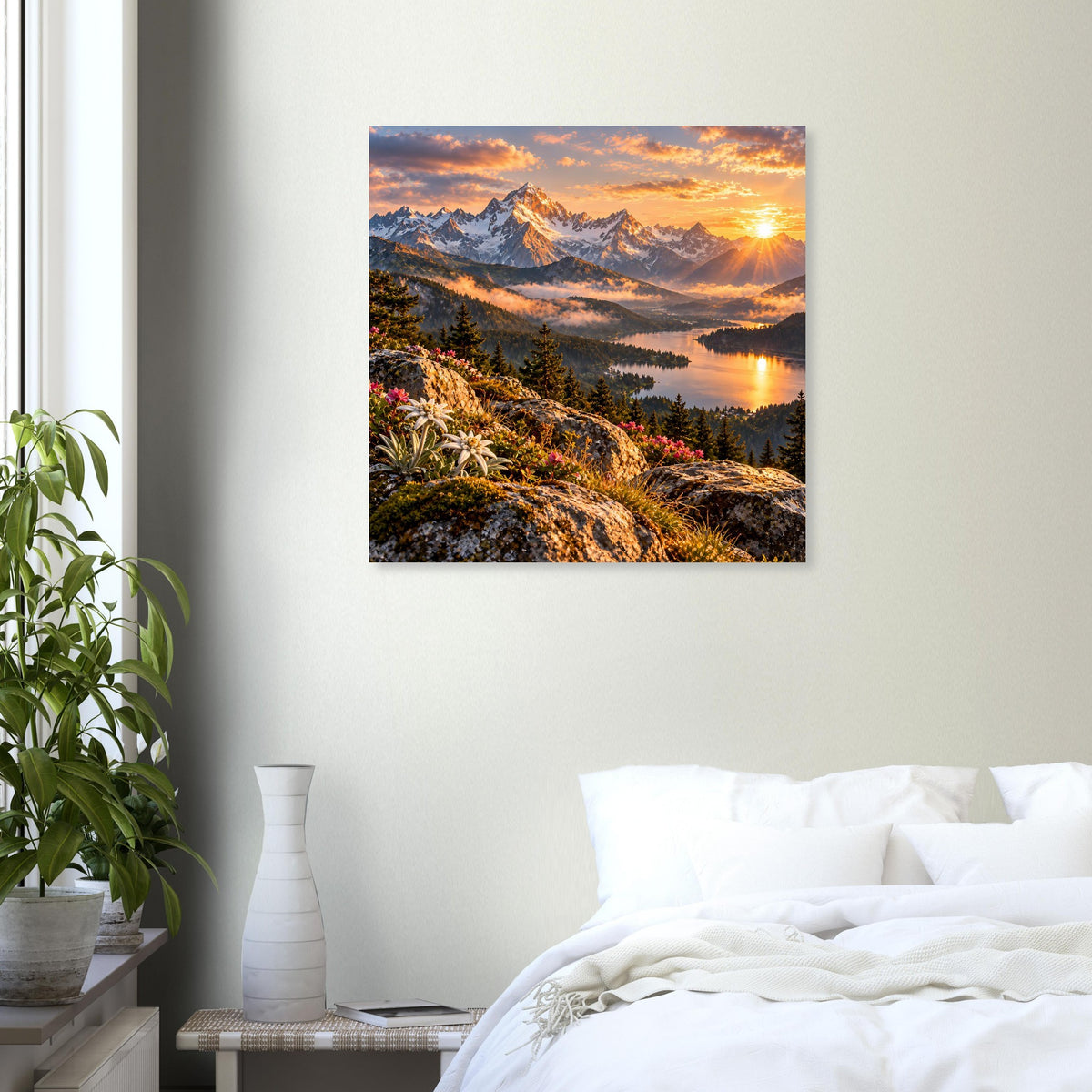 Wandposter mit Bergen, Tal und Sonnenuntergang