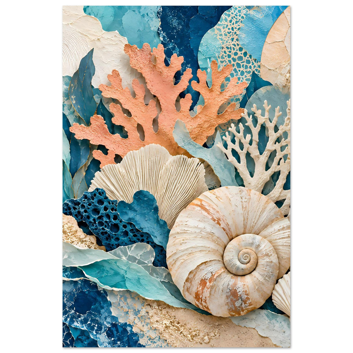 Korallen- und Muschelposter mit orangefarbenen Korallen, blauer Polypenfläche und großer Muschel