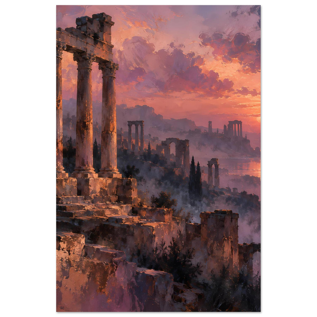 Poster mit antiken Ruinen und Säulen im Sonnenuntergang, Orange und Violett.