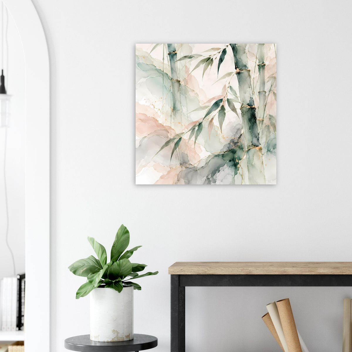 Quadratisches Naturposter mit Aquarell-Bambuszweigen und Blättern in Grün und Beige