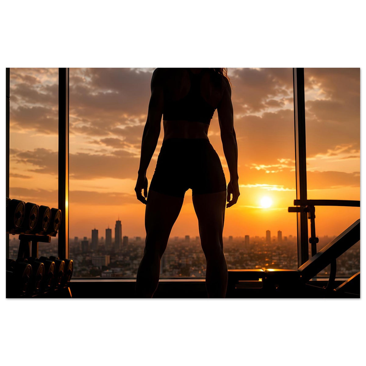 Fitness-Poster: Silhouette einer Frau im Sportoutfit vor Sonnenuntergang im Gym