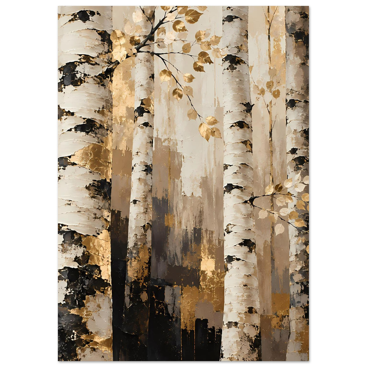 Naturposter mit Birkenstämmen, dunklen Kontrasten und goldenen Blattgirlanden im Wald.