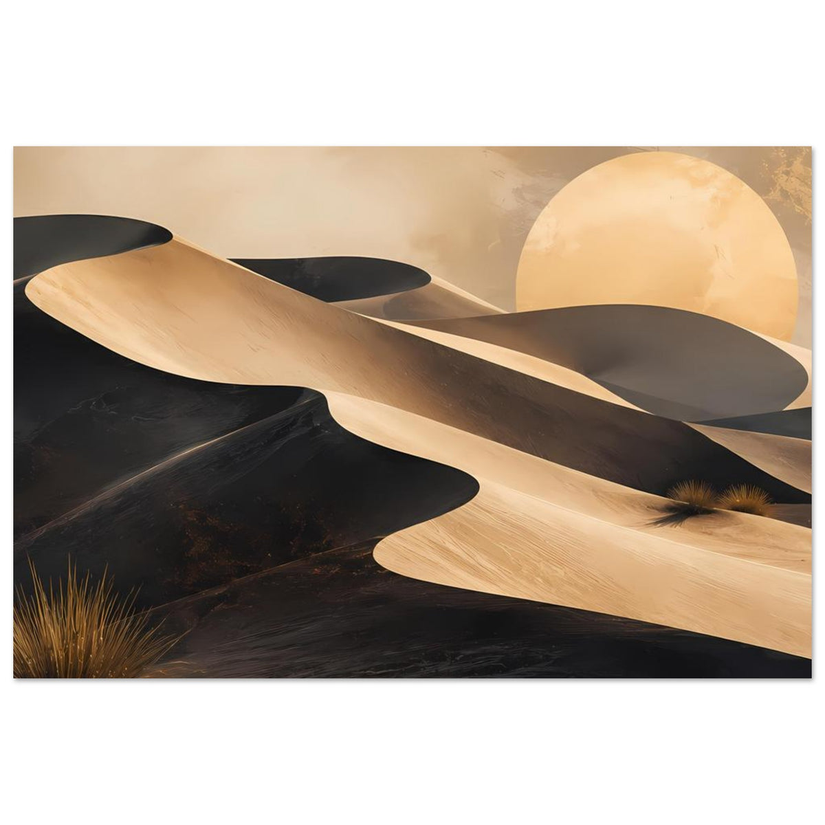 Wüstenposter mit goldenen Dünen und hellem Mond über dunklem Sand, mit kleinen Gräsern