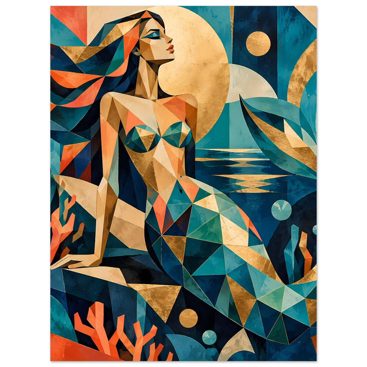 Geometrisches Meerjungfrauen-Kunstposter: geometrische Frau, türkisfarbene Flächen, Korall-Akzente