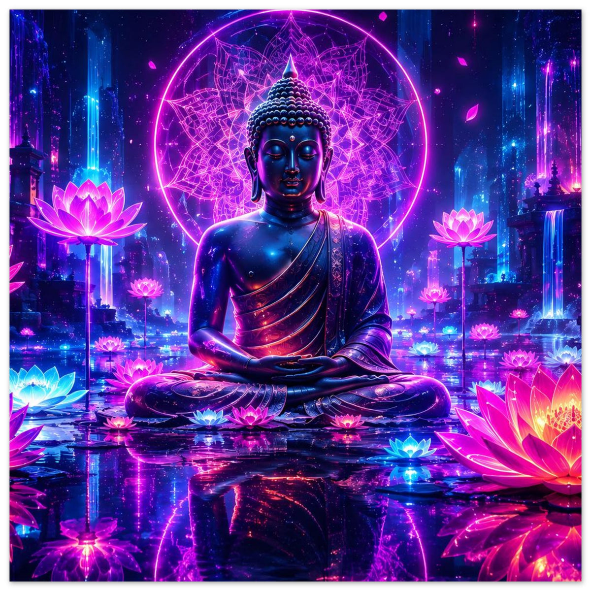 Buddha-Meditationsposter: sitzender blauer Buddha mit Neon-Zeichenkreis und leuchtenden Lotusblüten