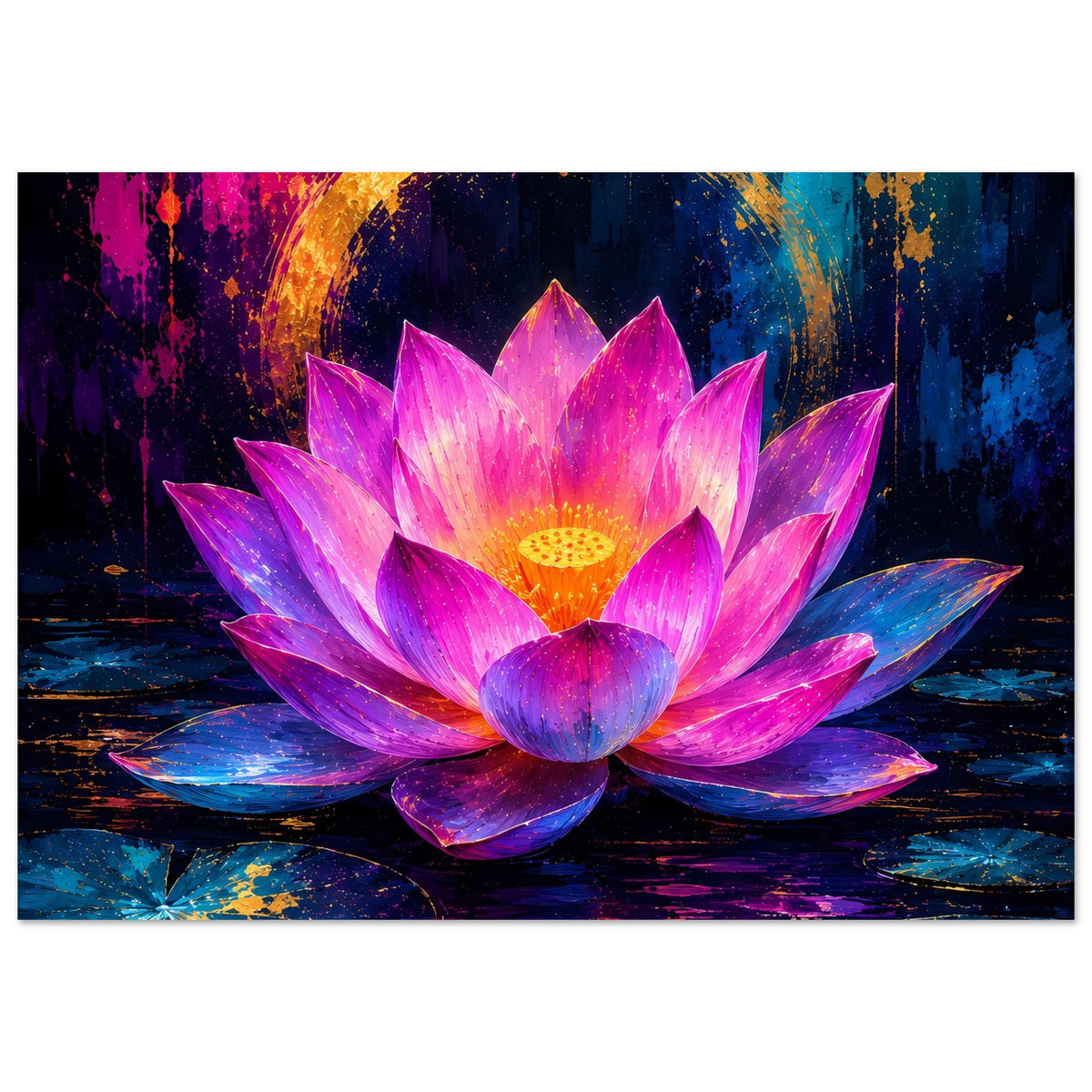 Blumenposter mit großer Lotusblüte in Rosa/Violett und goldfarbenen Akzenten