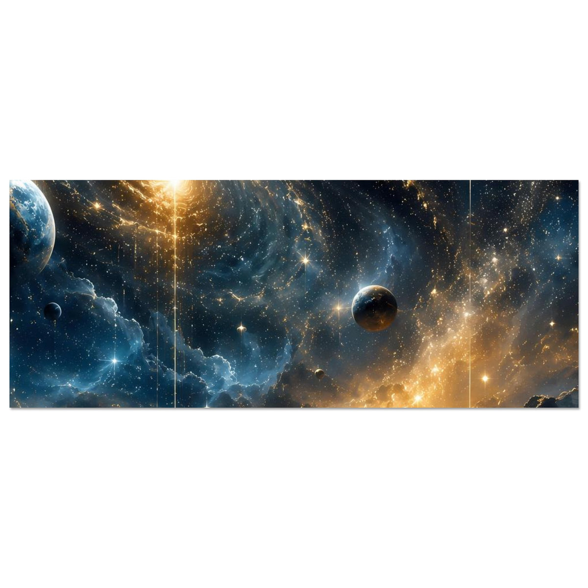 Horizontales Weltraum-Poster mit Spiralgalaxie, Sternen und schwebenden Planeten