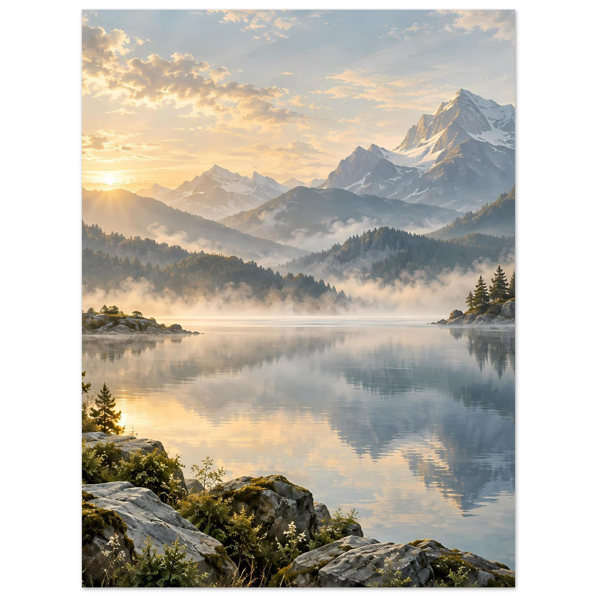 Landschaftsposter mit Bergsee: goldener Sonnenaufgang, Nebelzug und felsige Uferkante