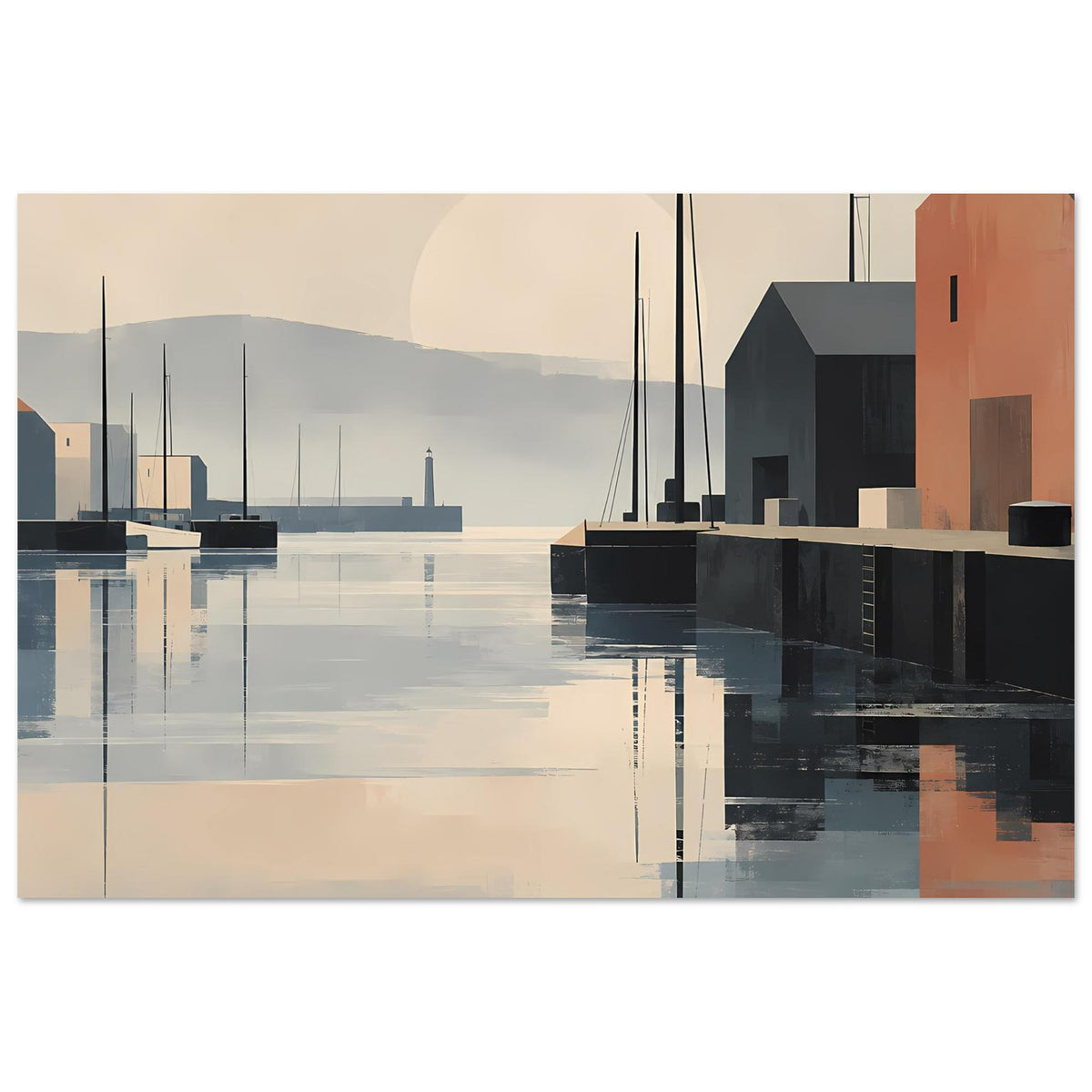 Hafenposter mit Wasserreflexion, Bootsmasten und orangefarbener Hauswand.