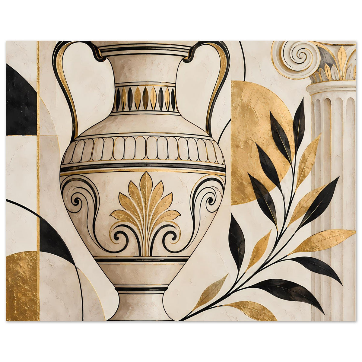 Wandposter mit Amphore und Ornamentbändern in Gold und Dunkel, Blattzweige im Bild.
