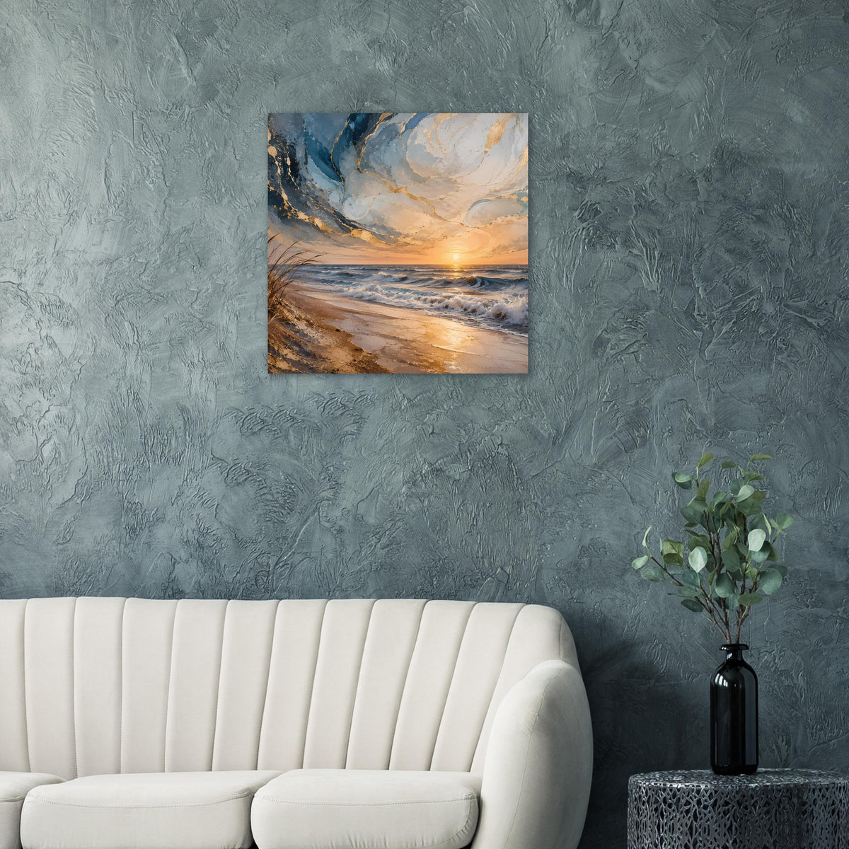Quadratisches Poster mit Meer und Wolkenstimmung bei Sonnenuntergang, Holzrahmen