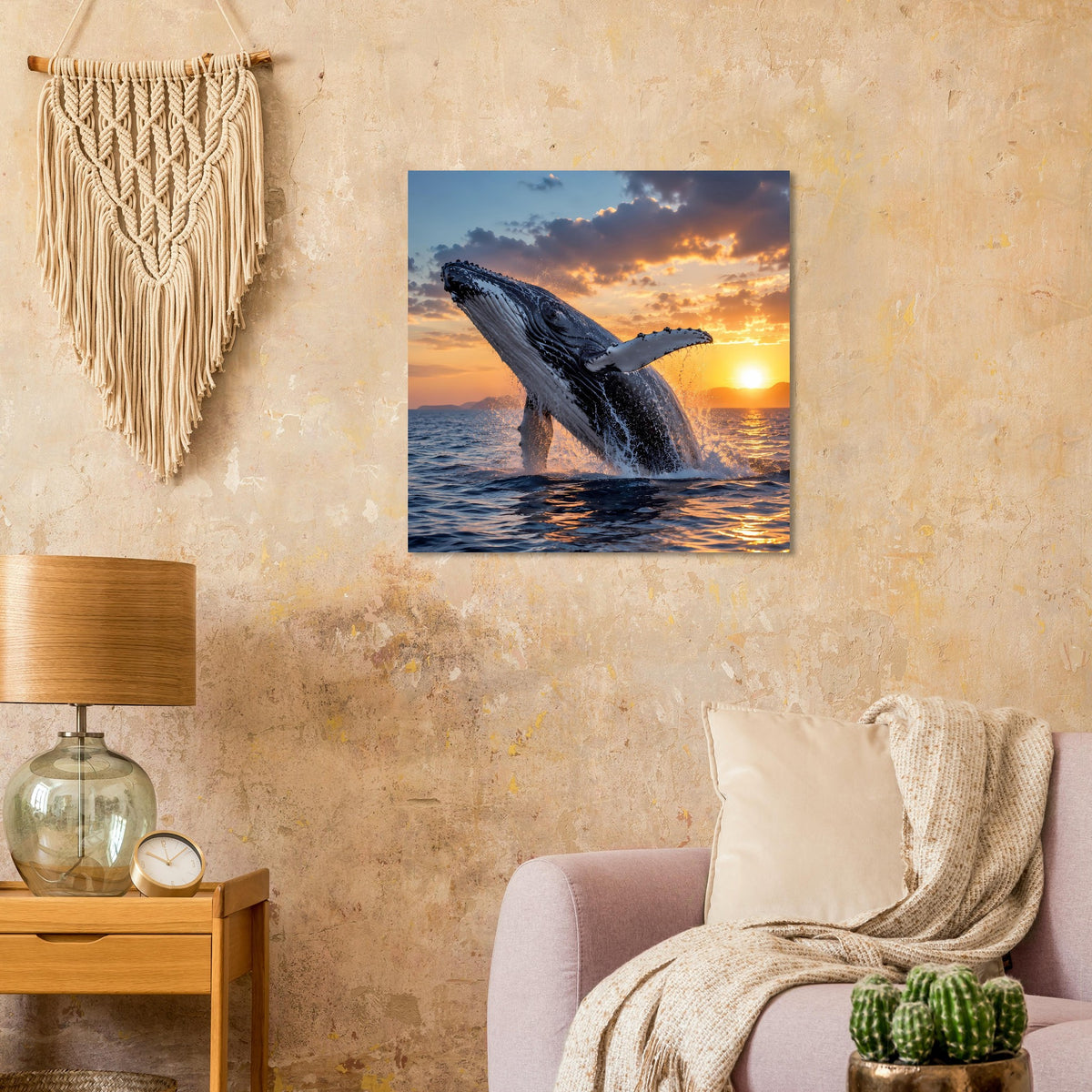 Quadratisches Poster mit springendem Wal im Meer vor dramatischem Sonnenuntergang.
