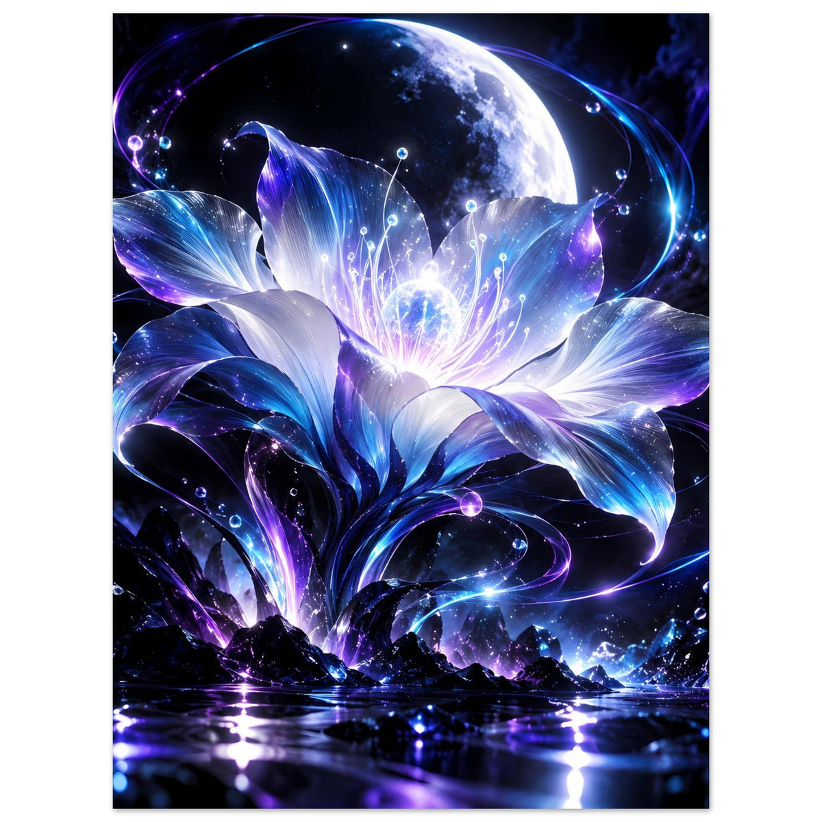 Hochformatiges Poster: leuchtende Blüte mit violett-blauen Wirbeln und Mondschein