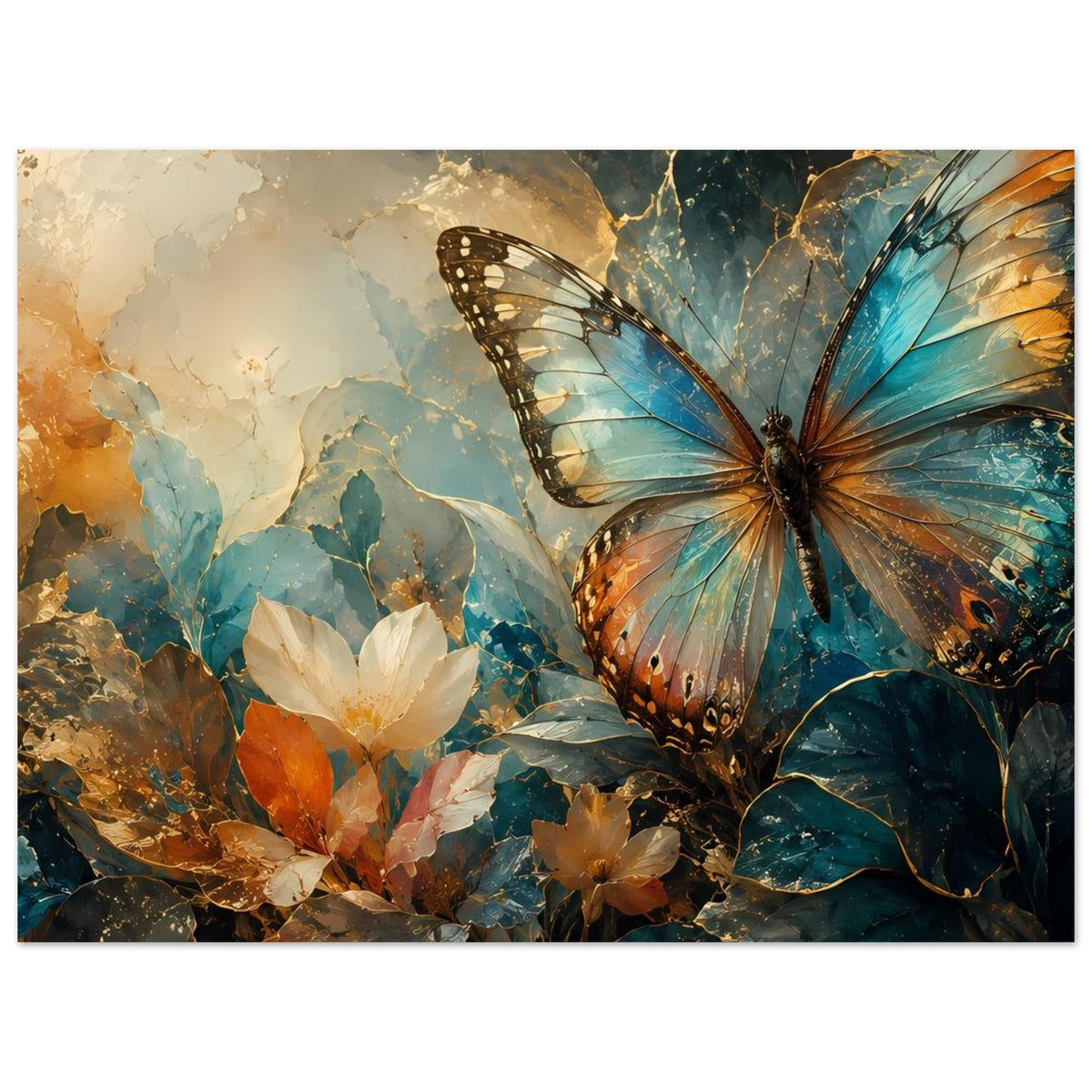 Horizontales Poster mit Schmetterling, türkis-blauen Flügeln, weißen Blüten und Gold